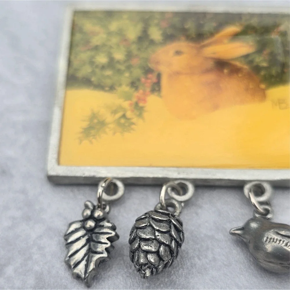 Marjolein Bastin Rabbit Winter Scene Dangle Charm Brooch Pin Bird Pinecone Leaf